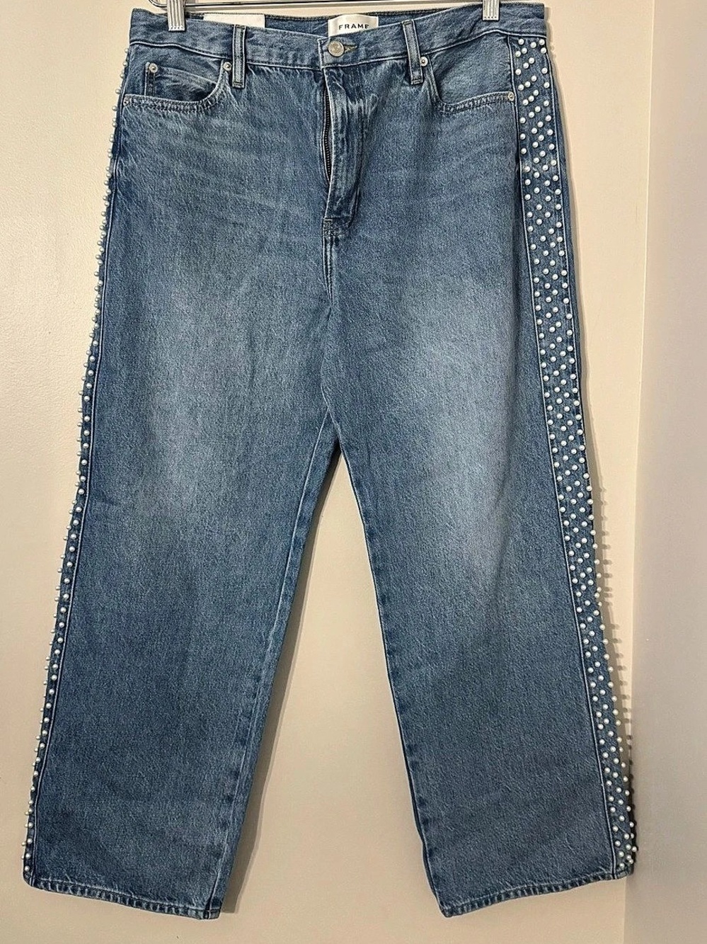 FRAME Le Jane Crop Pearl Side-Embellished Blue Jeans Waist 31 Like New